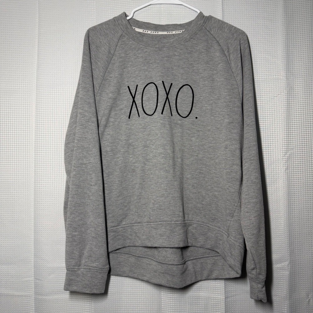 Rae Dunn Sweatshirt Large Gray‎ XOXO Graphic High Low Pullover Lazy Lounge